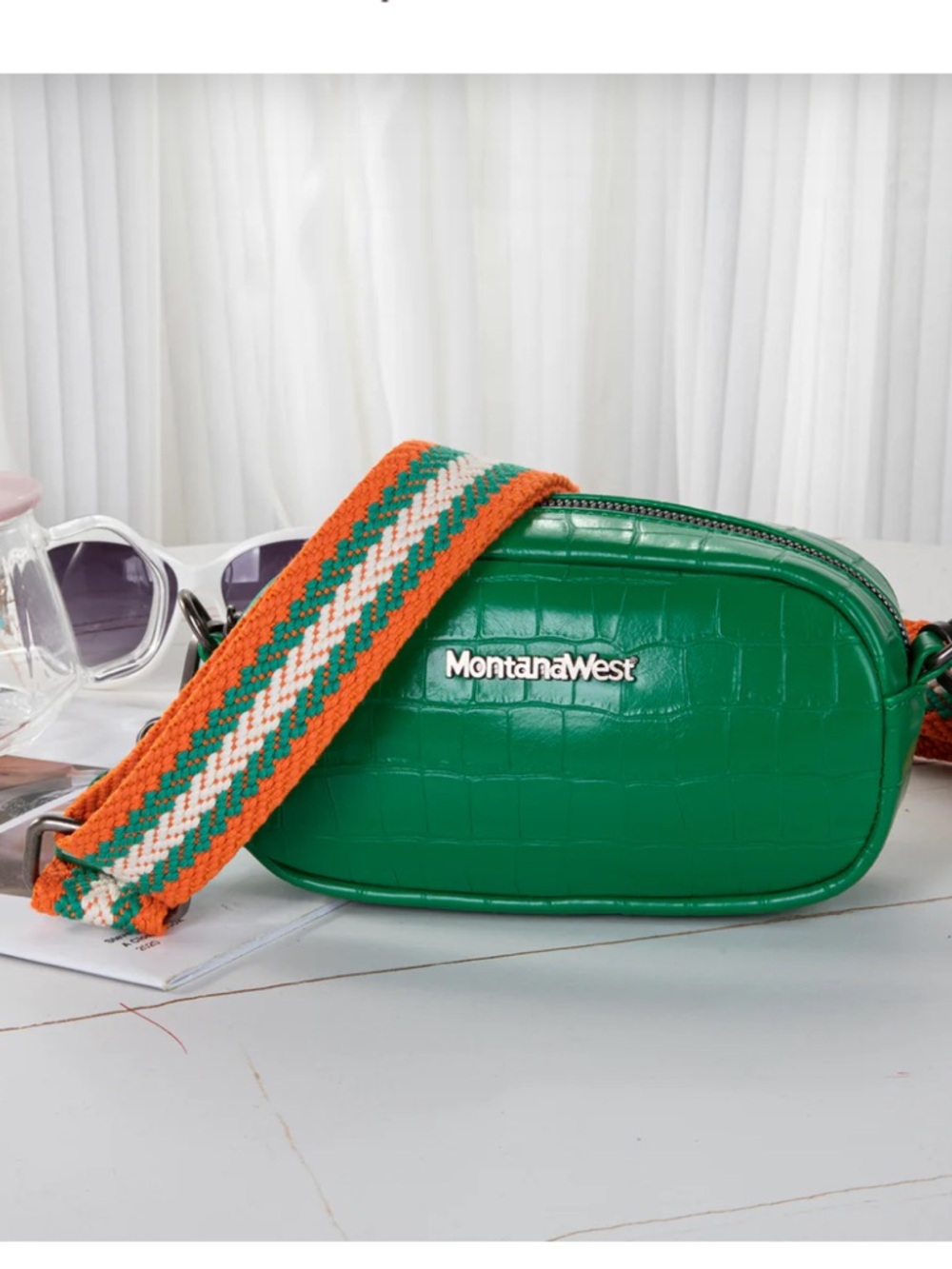Montana West Green Croc-Embossed Crossbody with Orange & Cream Woven Strap